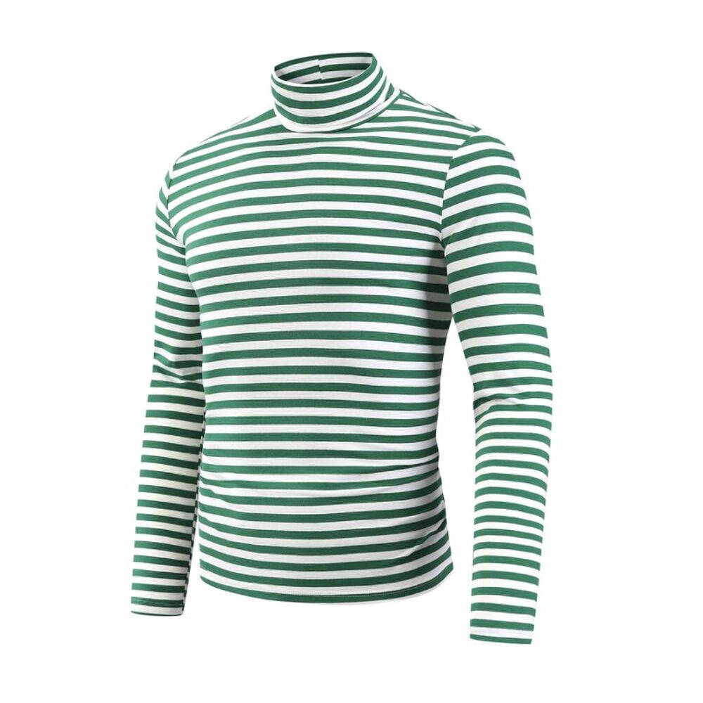 Turtleneck Contrast Color Long Sleeves Pullover Stripes T-Shirt Green White